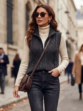 Roots 73 Heritage Black Cable Knit Mock Neck Snap Vest 100% Cotton Academia Chic
